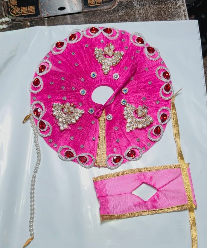 WhatsApp Image 2026-05-19 at 9.38.33 AM (2) Gorgeous Dark Pink Krishna Ji Dress – Elegant Red Stone and Golden Boota Work Poshak (Janmashtami Special) - Image 1