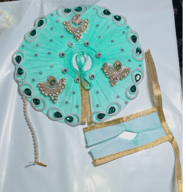 WhatsApp Image 2026-05-19 at 9.38.34 AM Gorgeous Mint Green Krishna Ji Dress – Heavy Stone and Golden Boota Work Poshak (Janmashtami & Summer Special) - Image 1