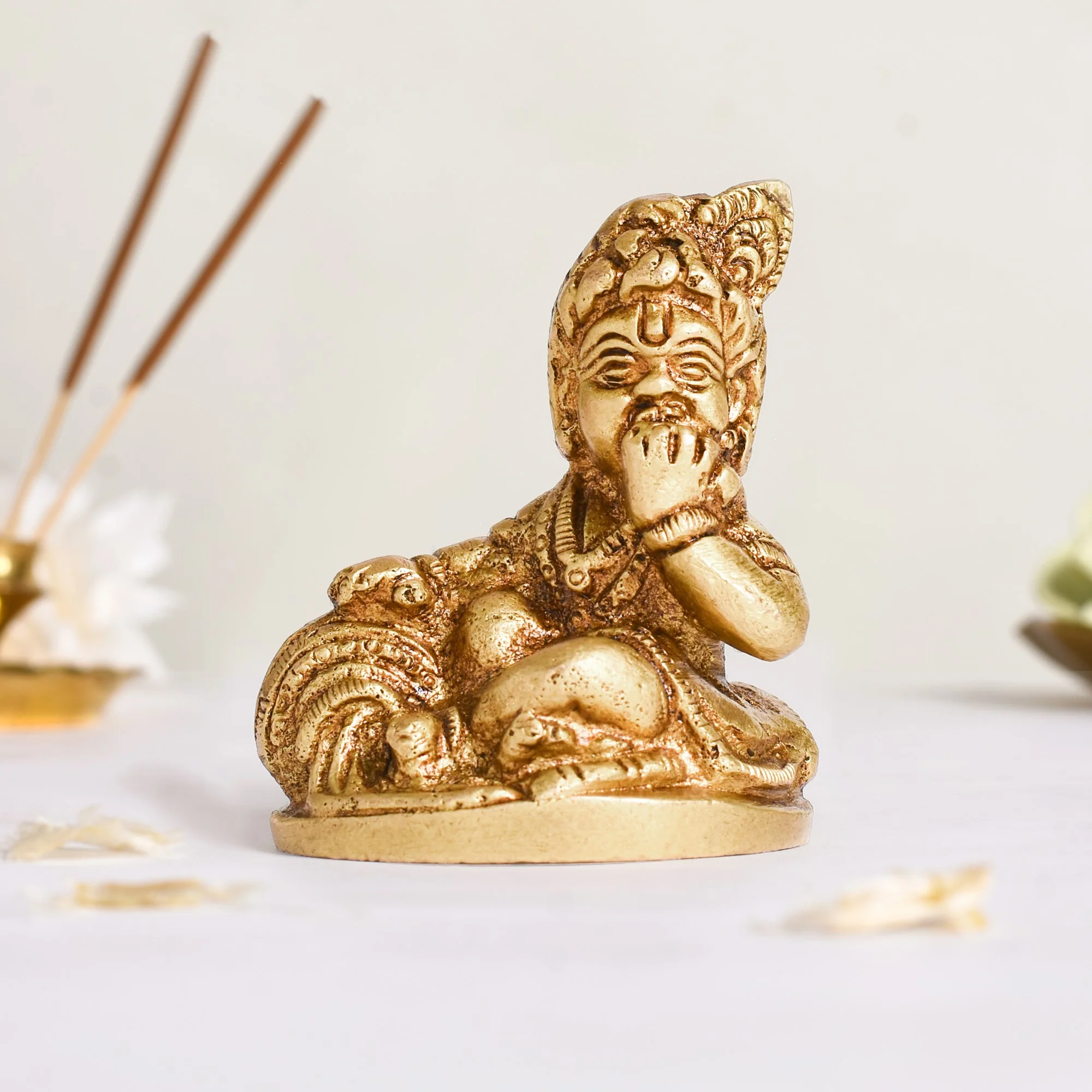 Cute Laadu Gopal Bal Krishna Makhan Chor Murti | Antique Gold Finish Decorative Pooja Statue - Image 1