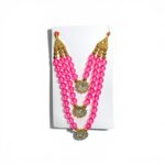 Premium Three-Layer Pink Beaded Mala with Kundan Pendants for Laddu Gopal